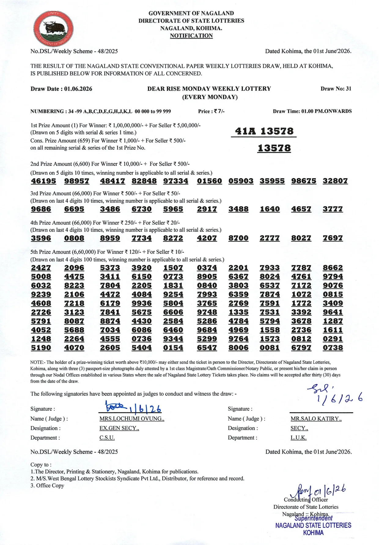 Dear Lottery result 1PM 01.06.2026