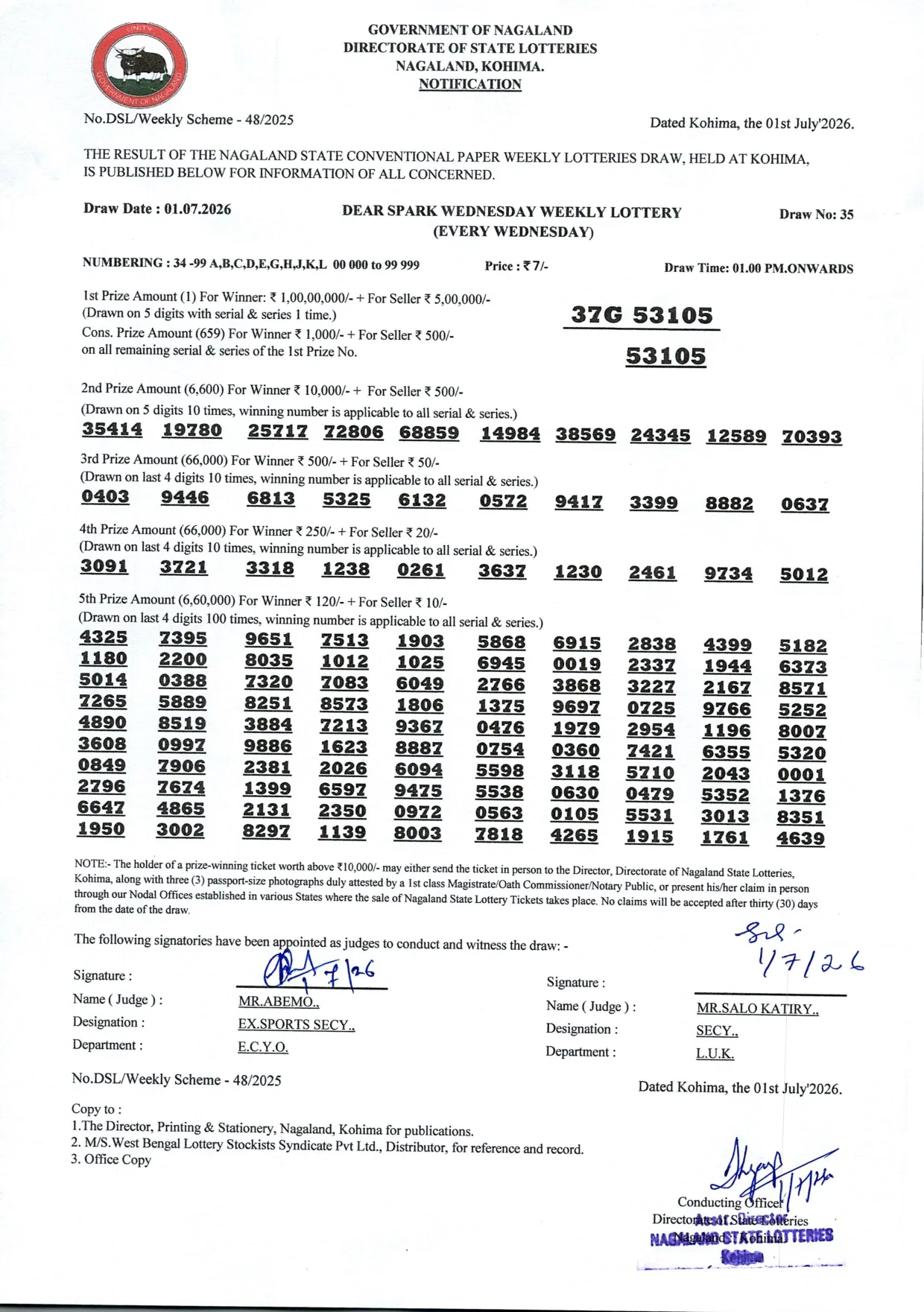 Dear Lottery result 1PM 01.07.2026