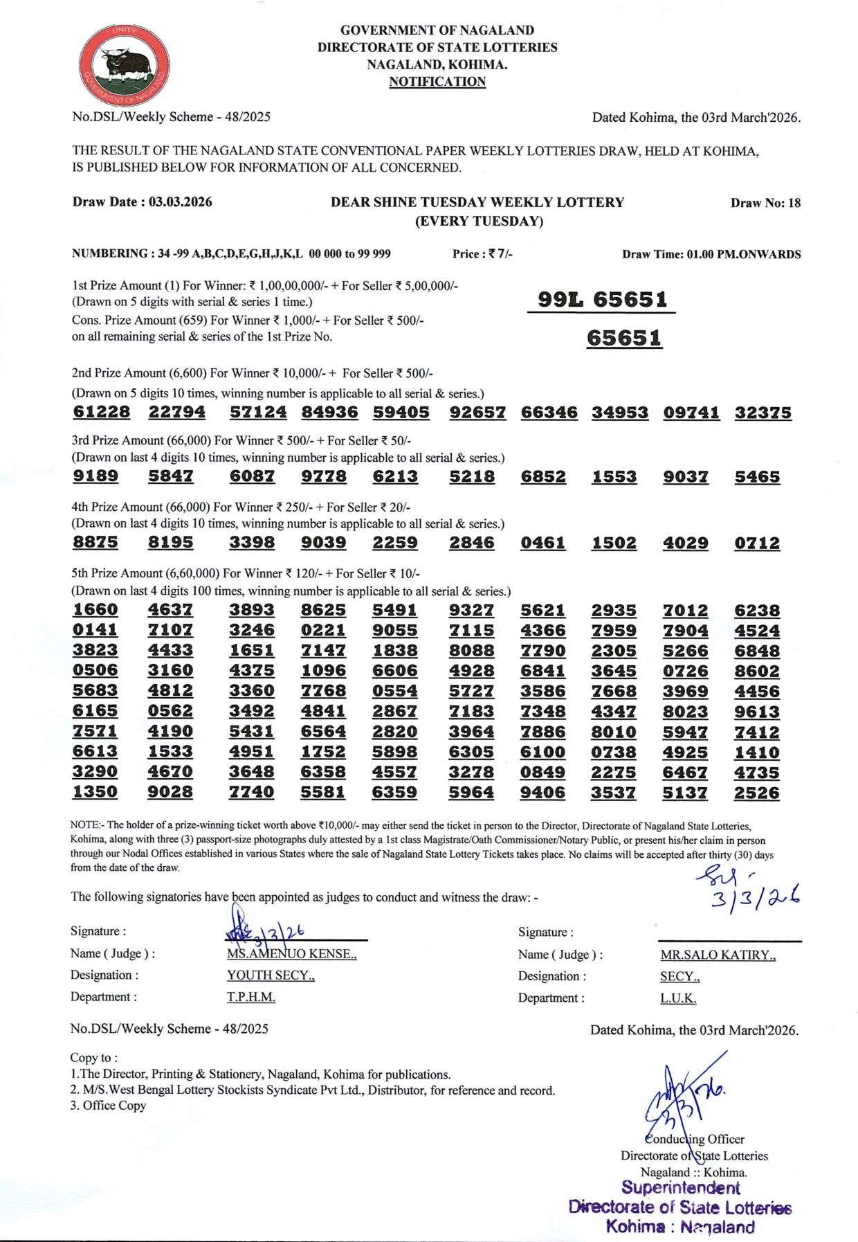 Dear Lottery result 1PM 03.03.2026