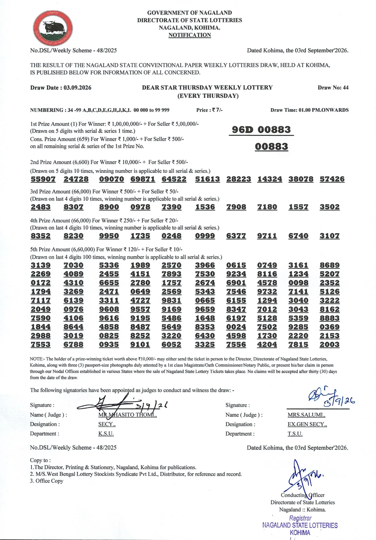 Dear Lottery result 1PM 03.09.2026