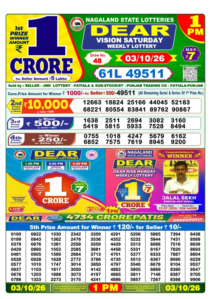 Dear Lottery result 1PM 03.10.2026