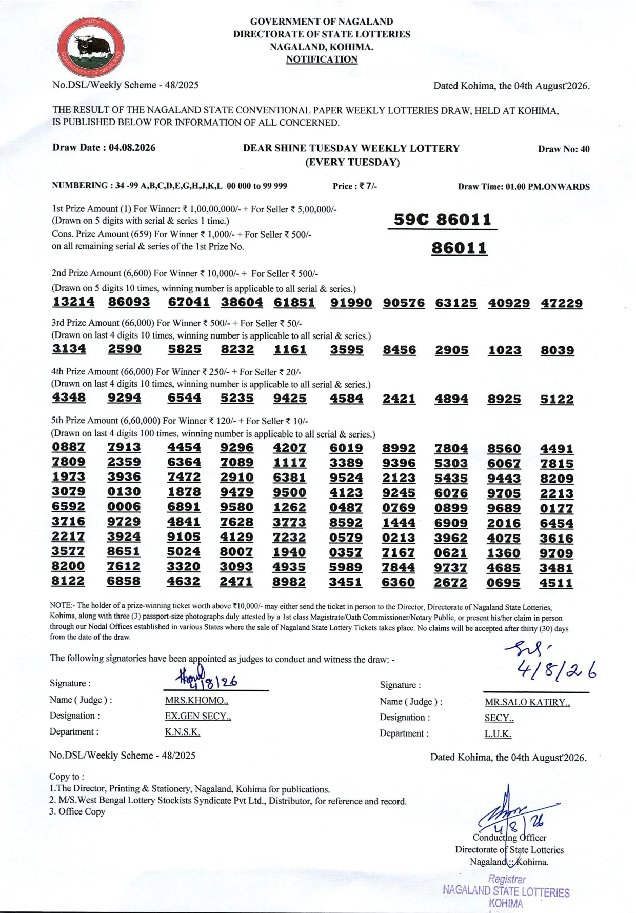 Dear Lottery result 1PM 04.08.2026