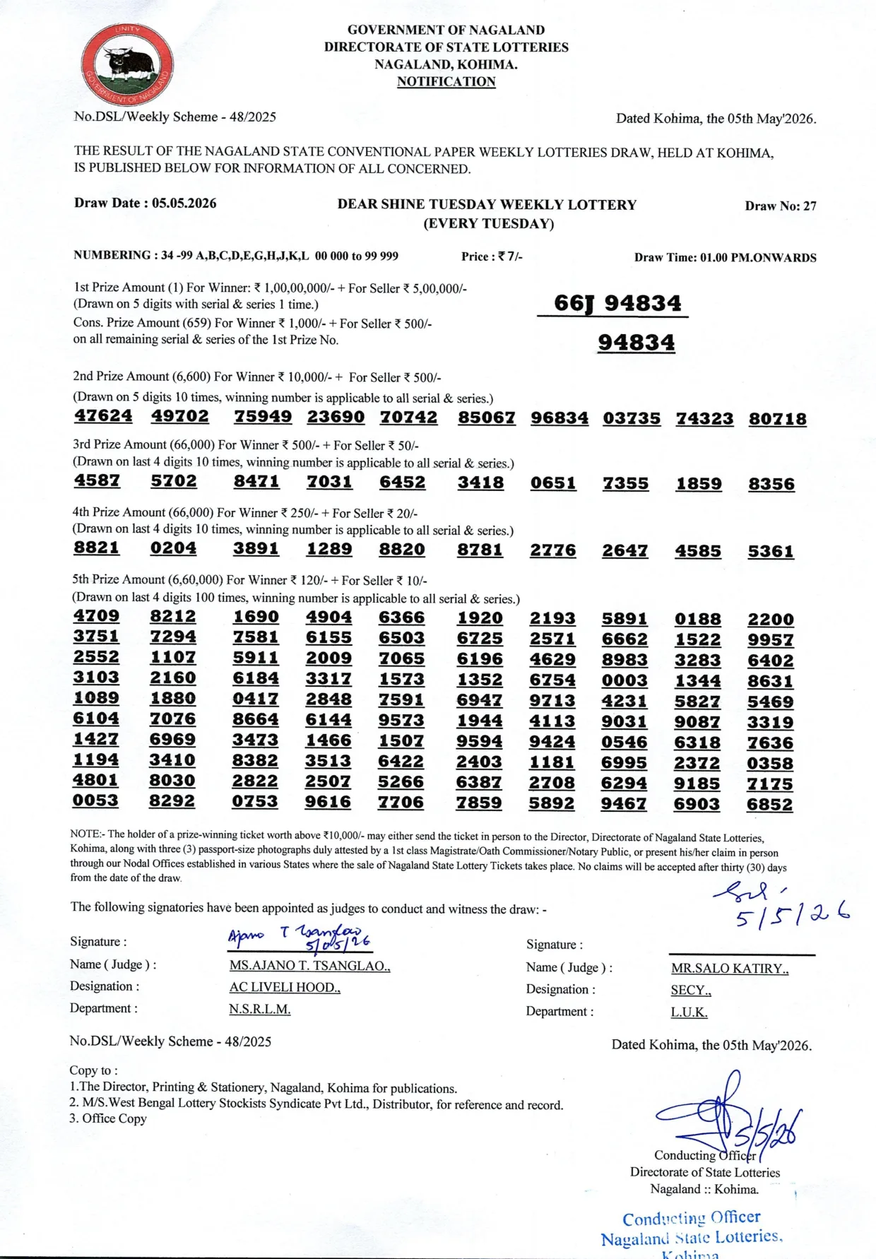 Dear Lottery result 1PM 05.05.2026