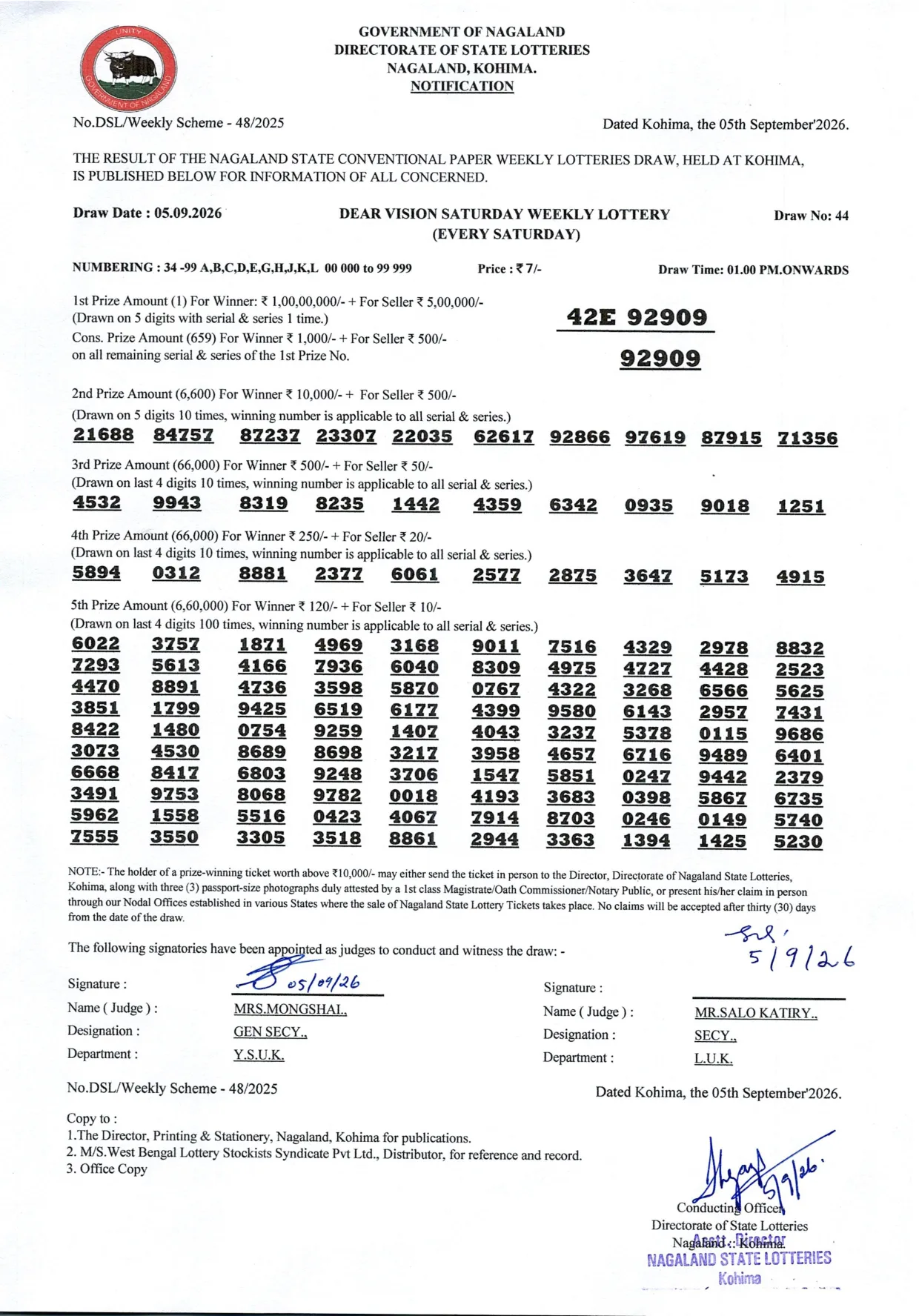 Dear Lottery result 1PM 05.09.2026