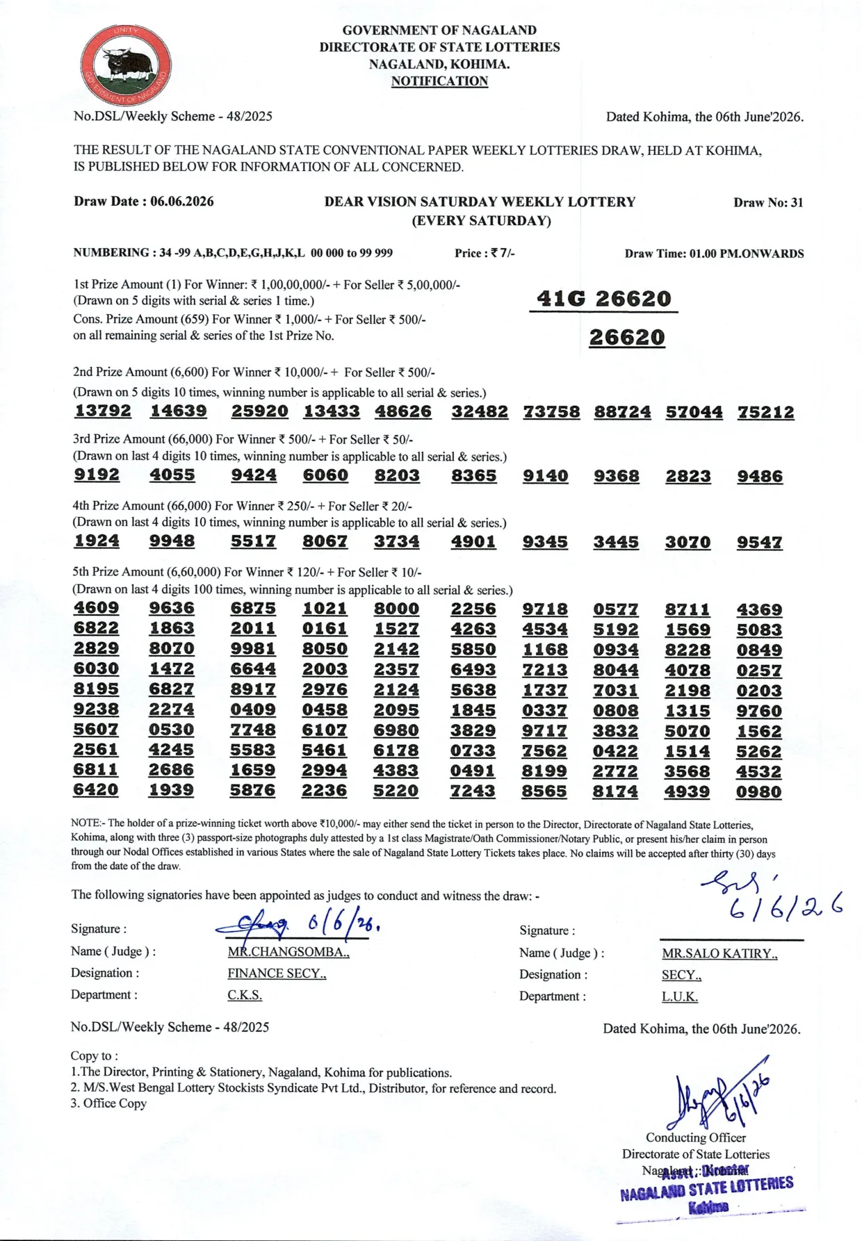 Dear Lottery result 1PM 06.06.2026