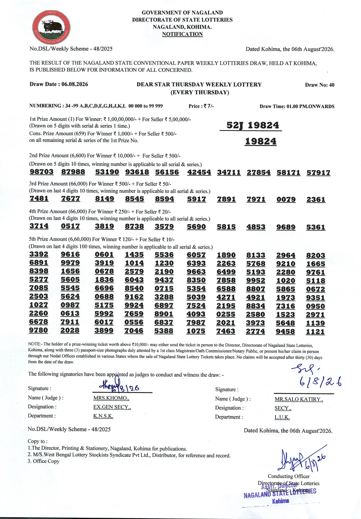 Dear Lottery result 1PM 06.08.2026