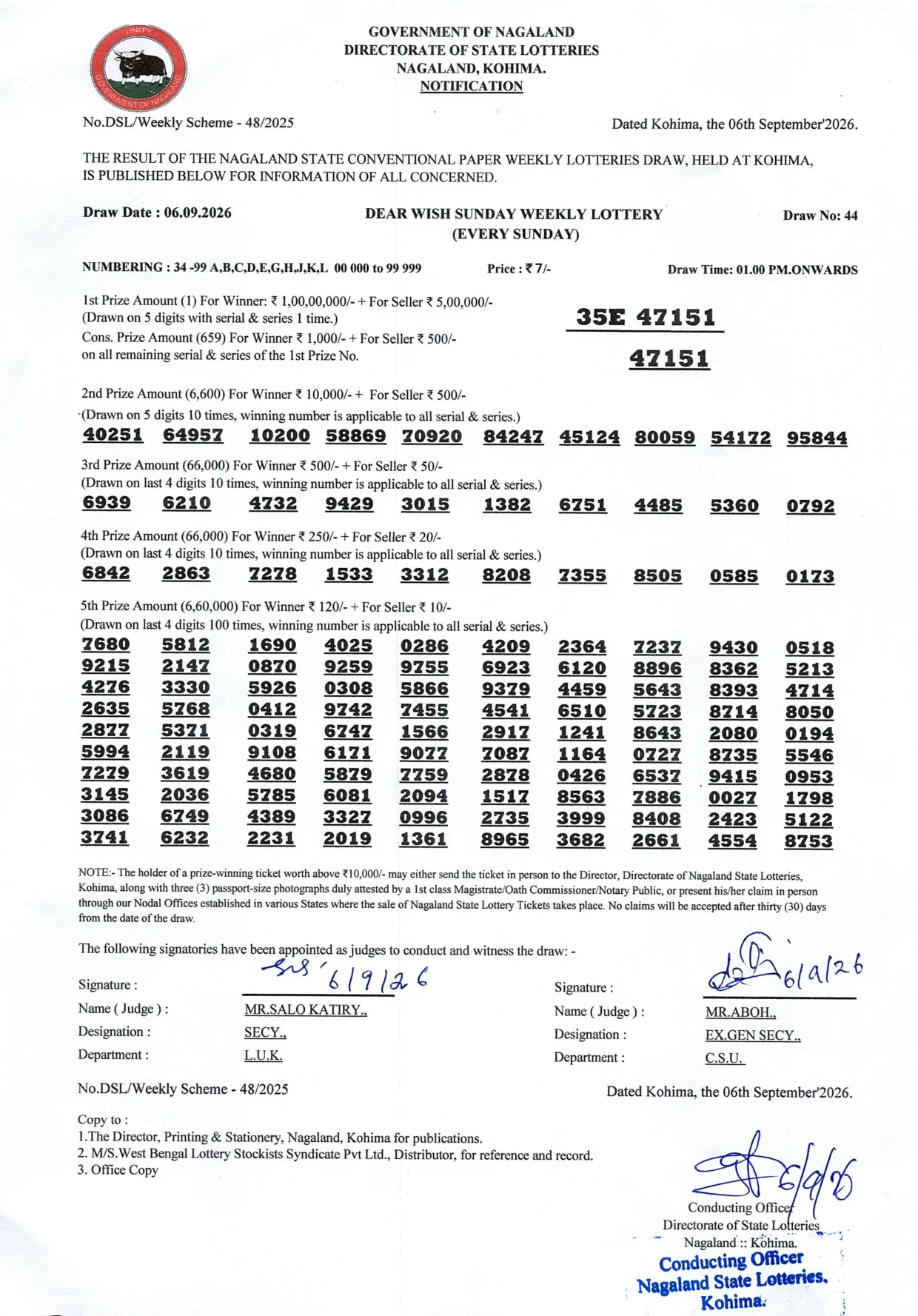 Dear Lottery result 1PM 06.09.2026