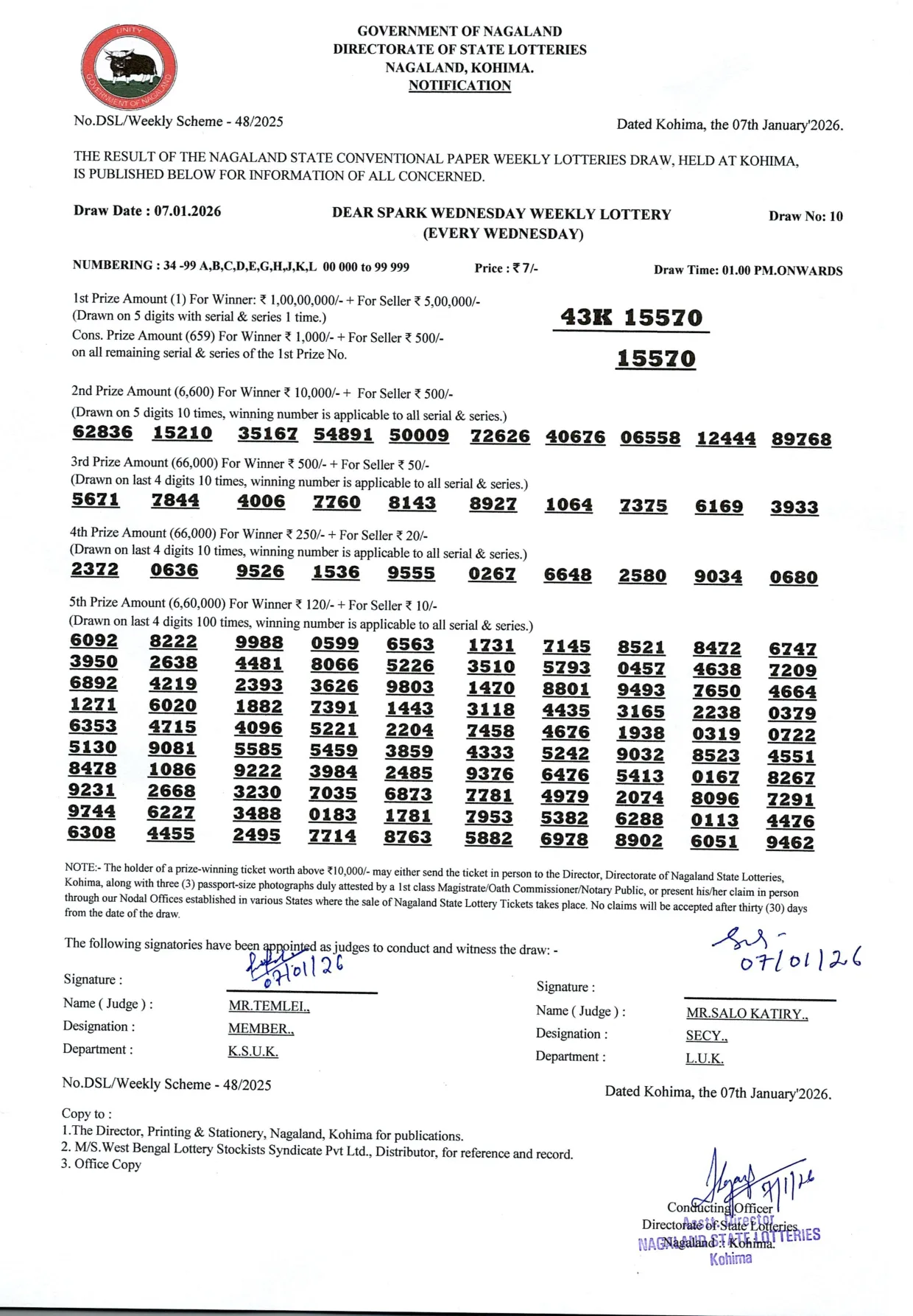 Dear Lottery result 1PM 07.01.2026