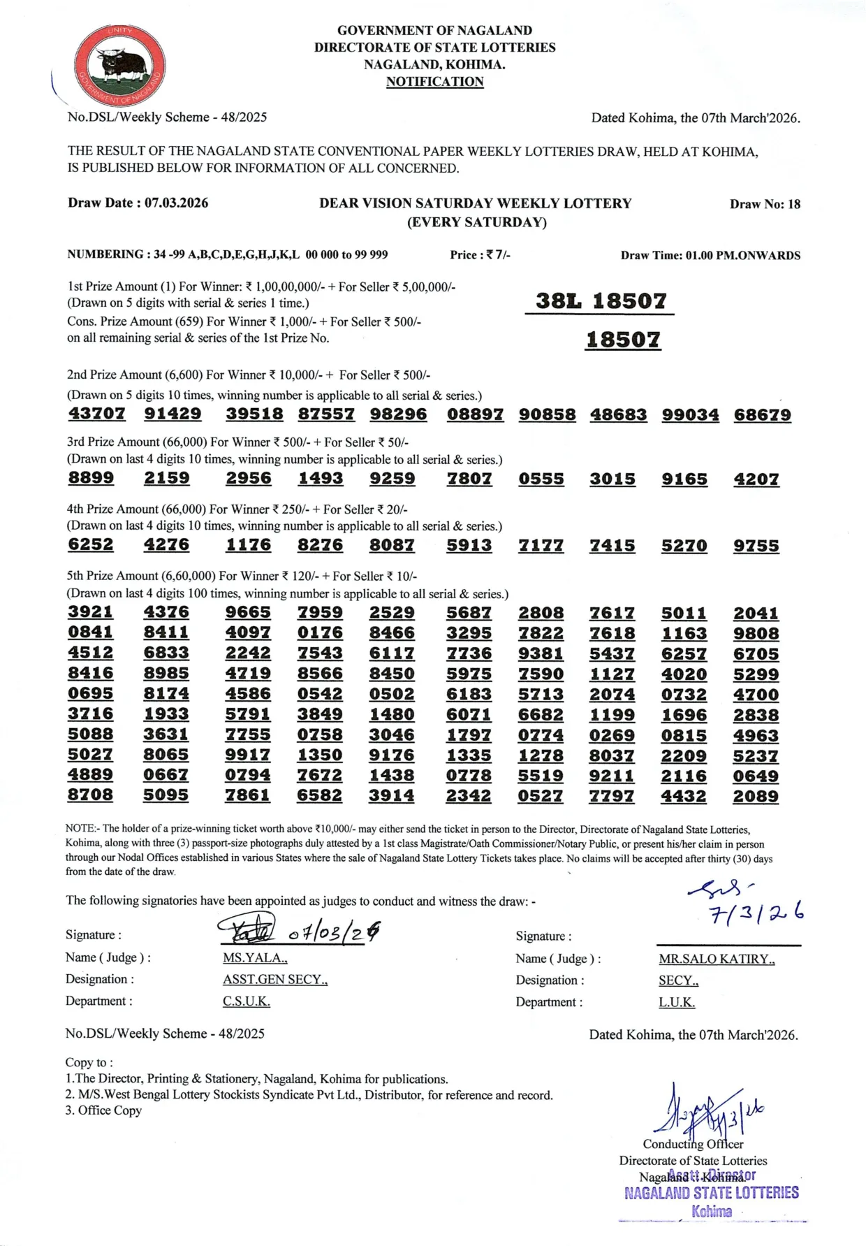 Dear Lottery result 1PM 07.03.2026