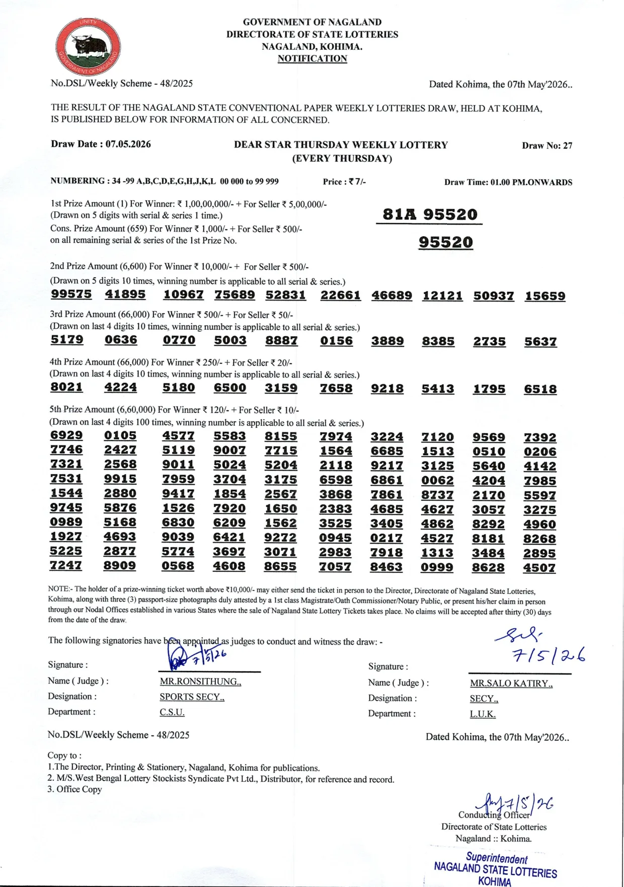 Dear Lottery result 1PM 07.05.2026