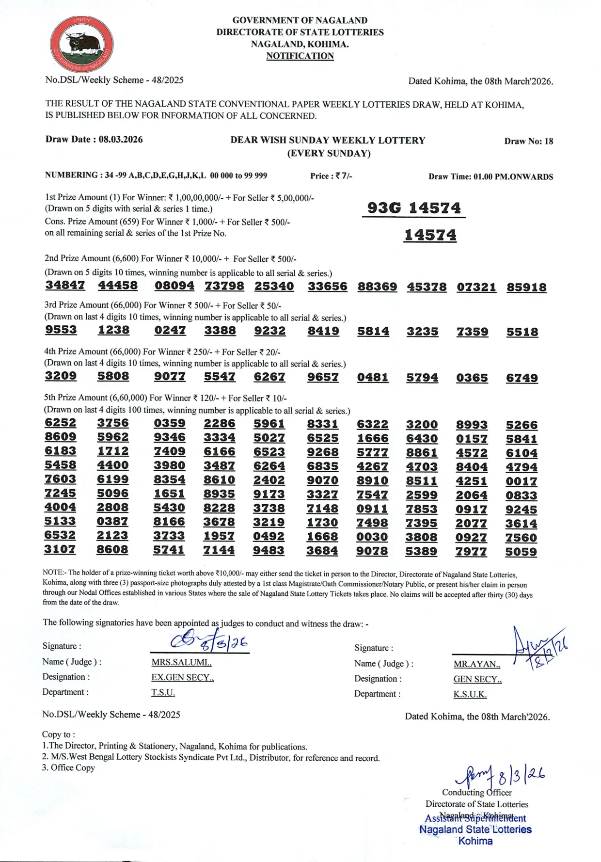 Dear Lottery result 1PM 08.03.2026