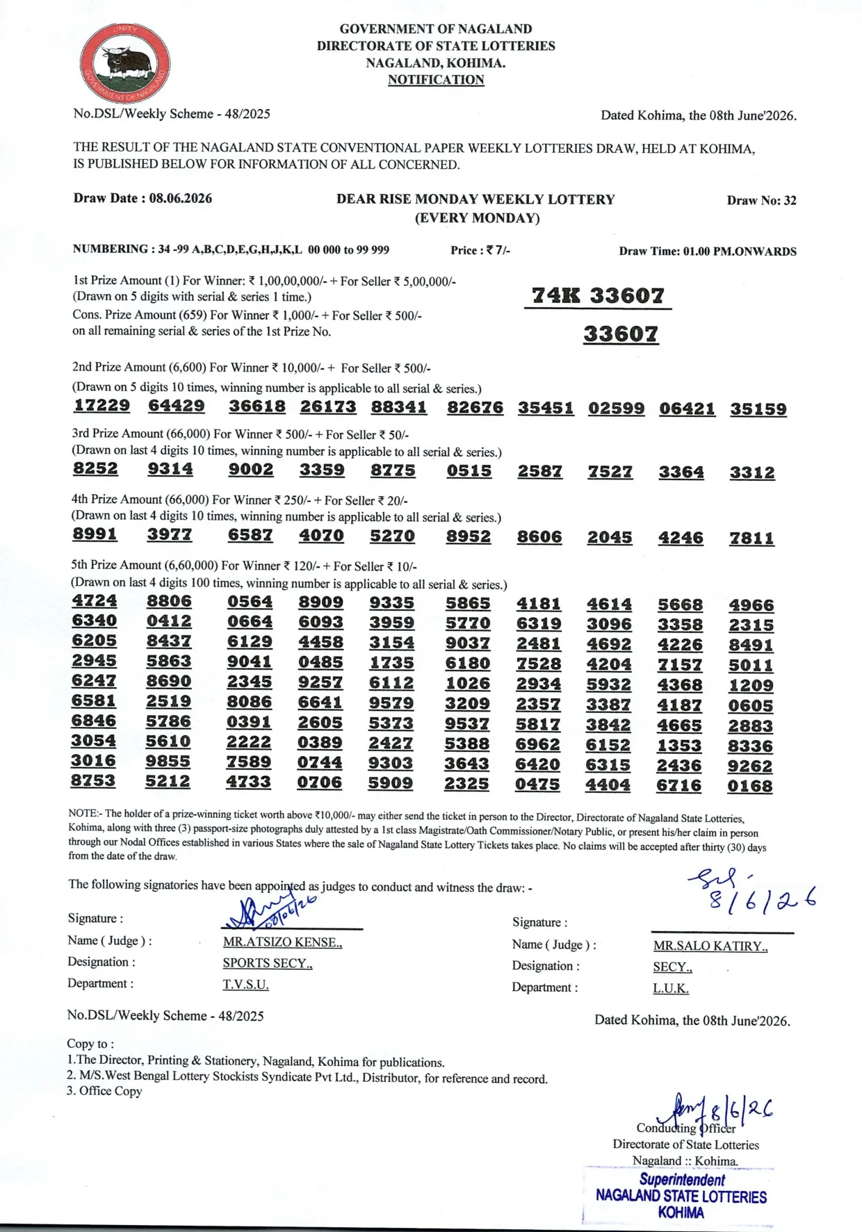 Dear Lottery result 1PM 08.06.2026
