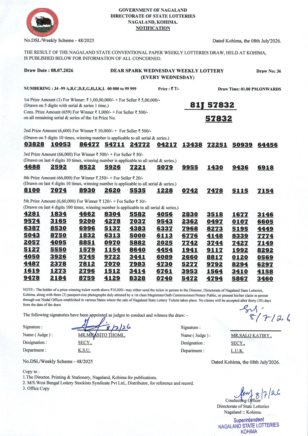 Dear Lottery result 1PM 08.07.2026