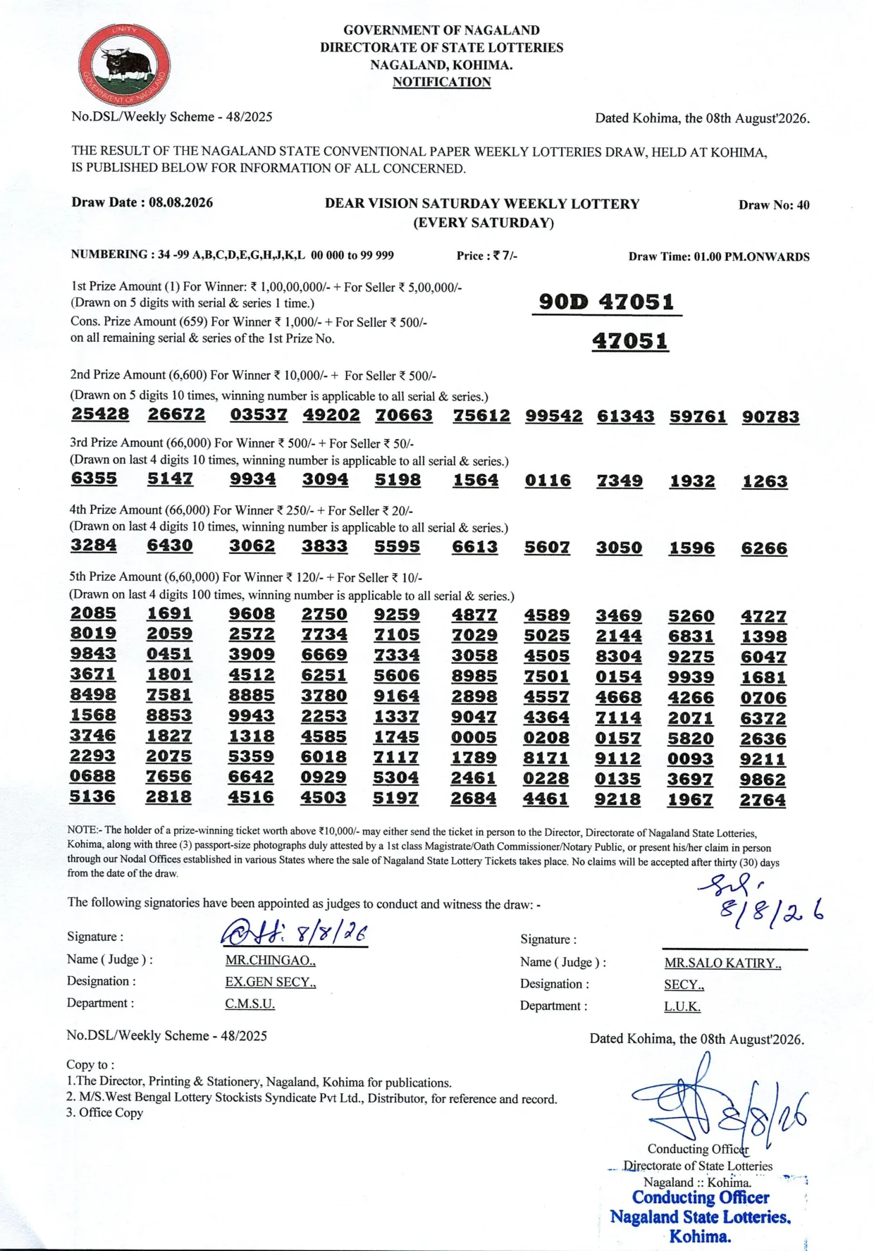 Dear Lottery result 1PM 08.08.2026