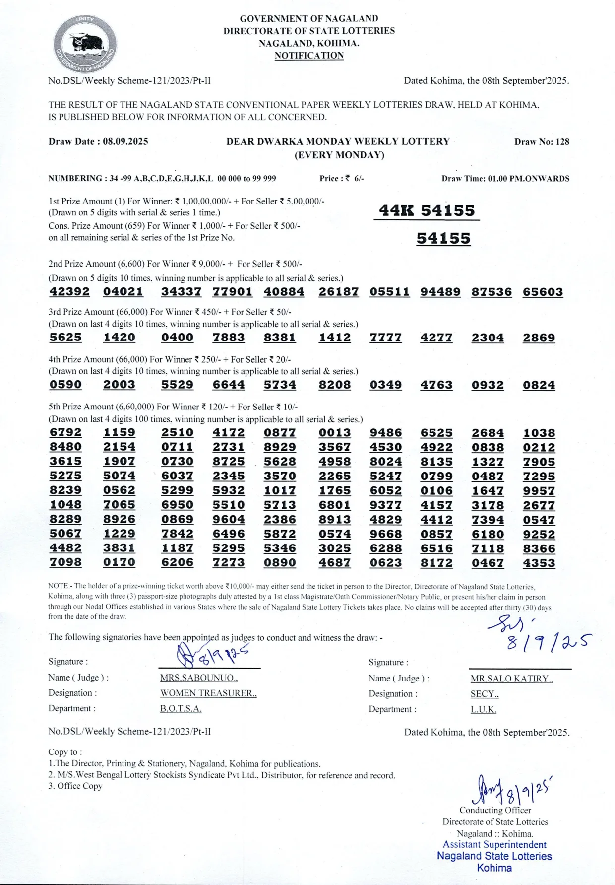 Dear Lottery result 1PM 08.09.2025