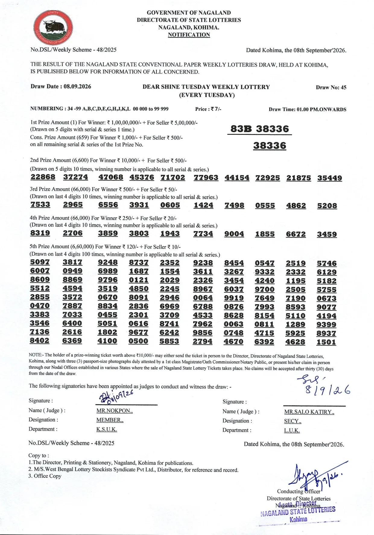 Dear Lottery result 1PM 08.09.2026