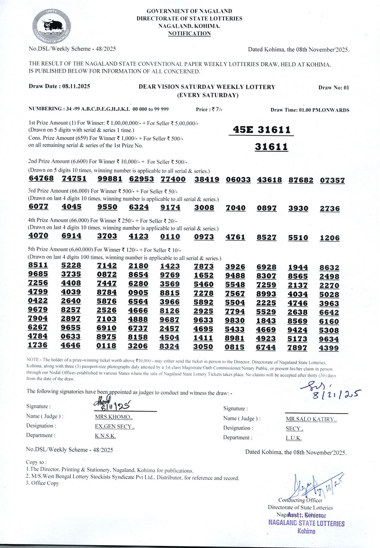Dear Lottery result 1PM 08.11.2025
