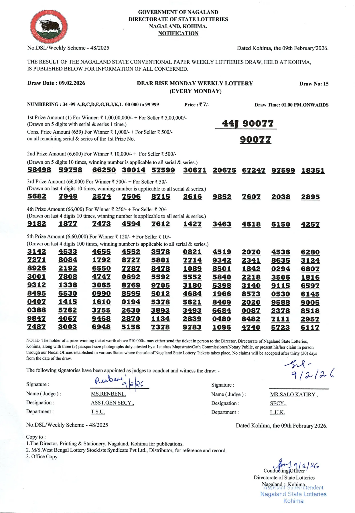 Dear Lottery result 1PM 09.02.2026