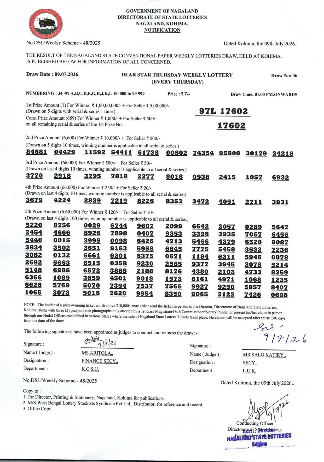 Dear Lottery result 1PM 09.07.2026