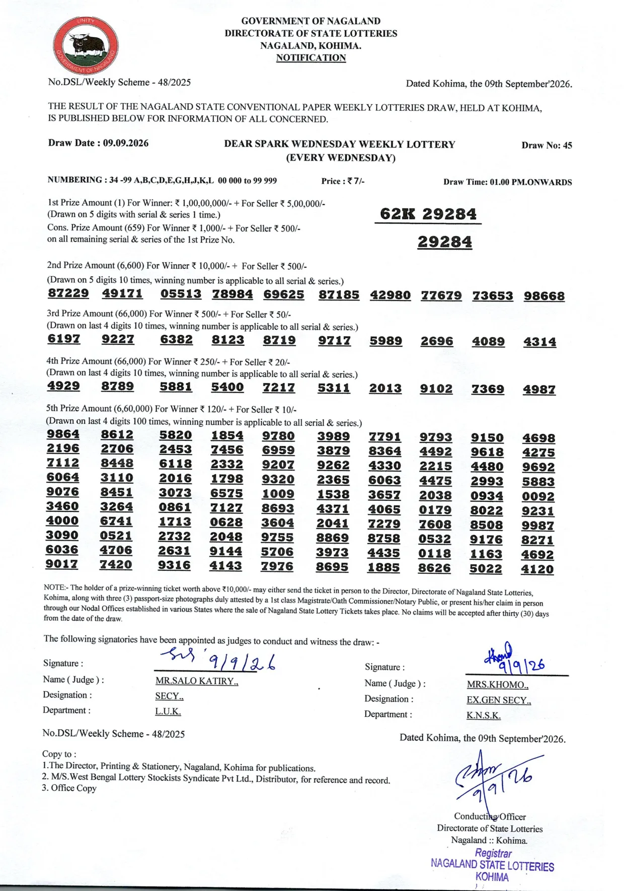 Dear Lottery result 1PM 09.09.2026