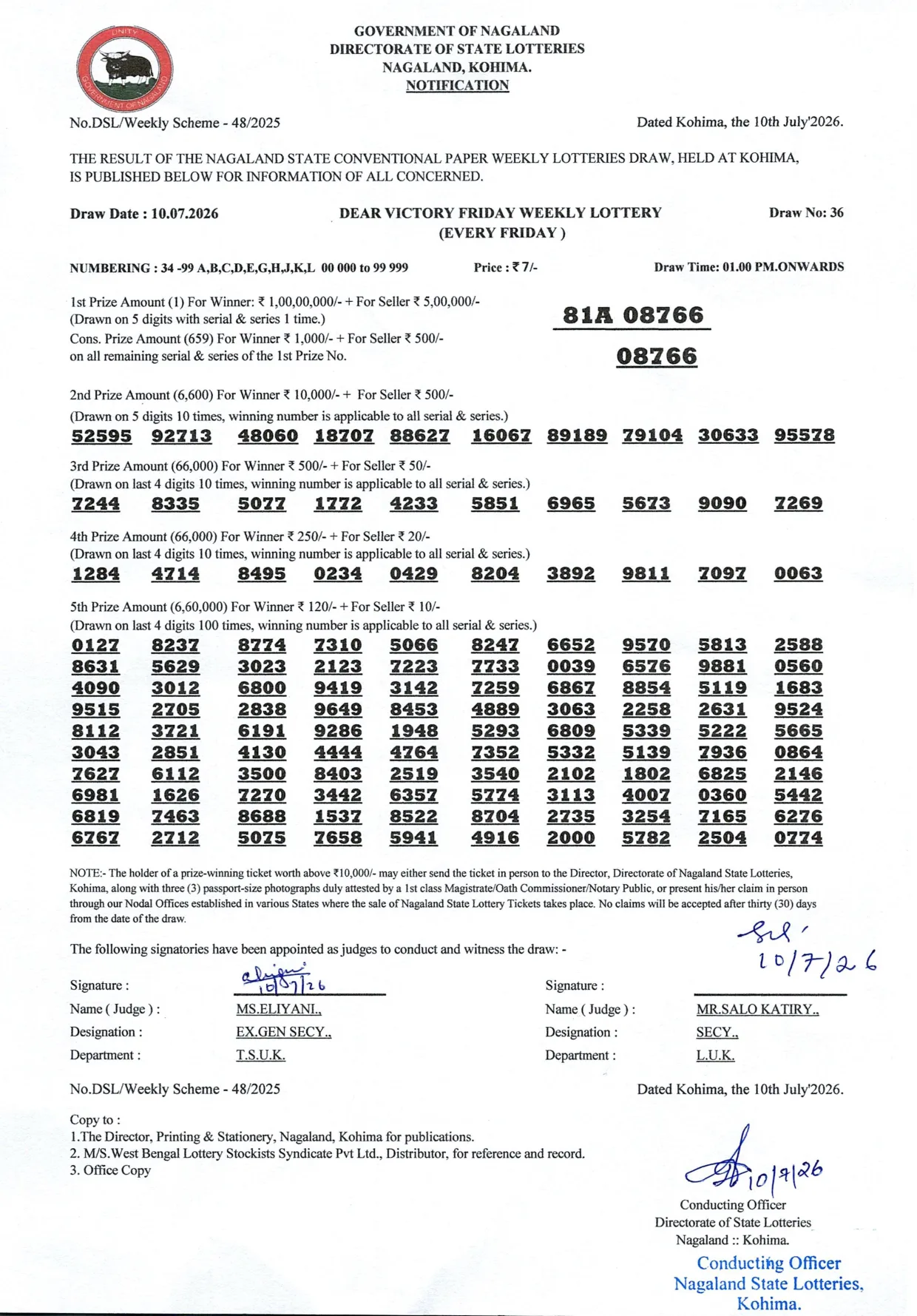 Dear Lottery result 1PM 10.07.2026