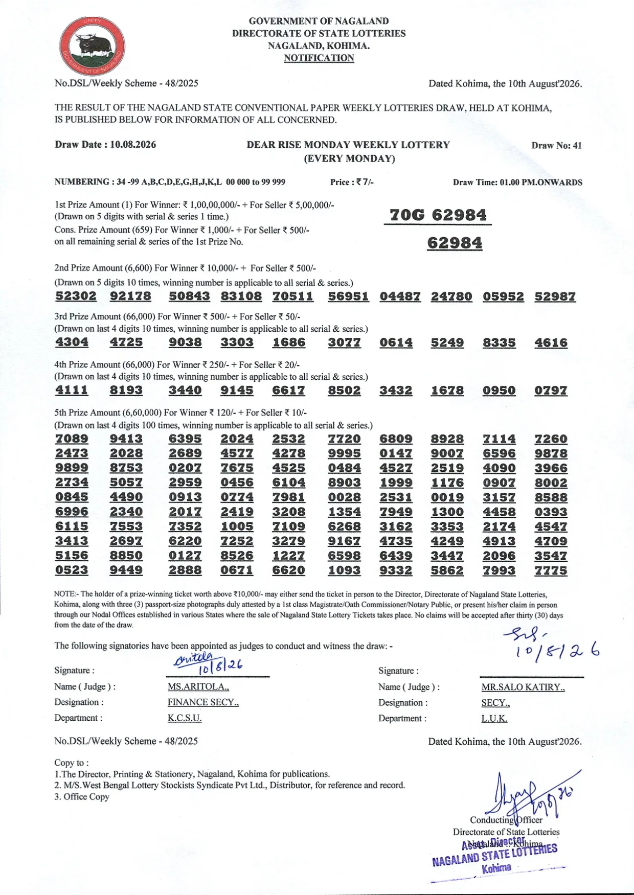 Dear Lottery result 1PM 10.08.2026