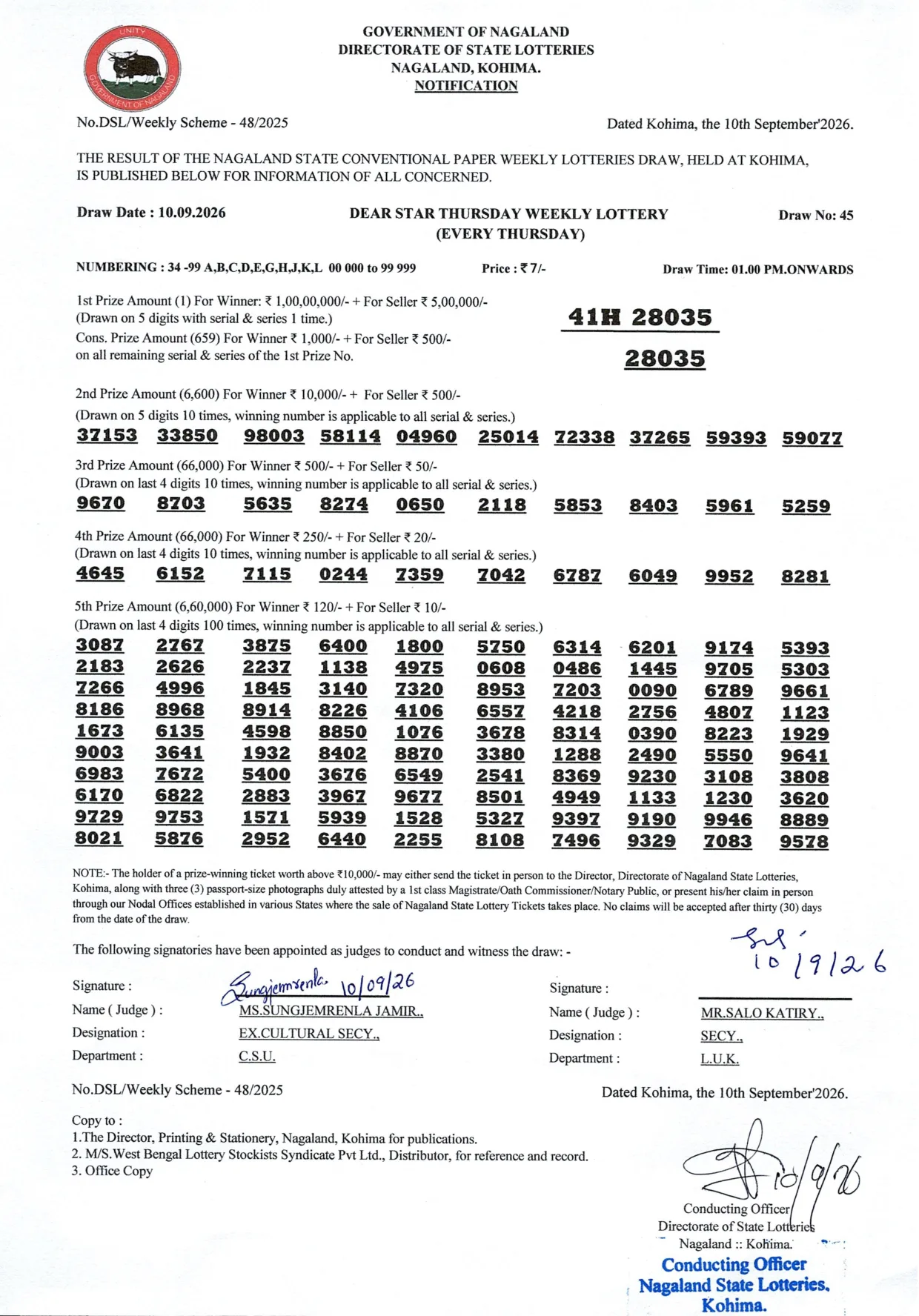 Dear Lottery result 1PM 10.09.2026