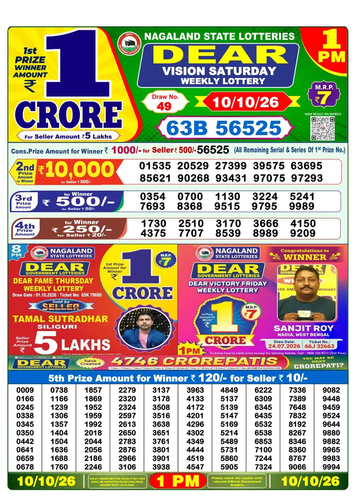 Dear Lottery result 1PM 10.10.2026
