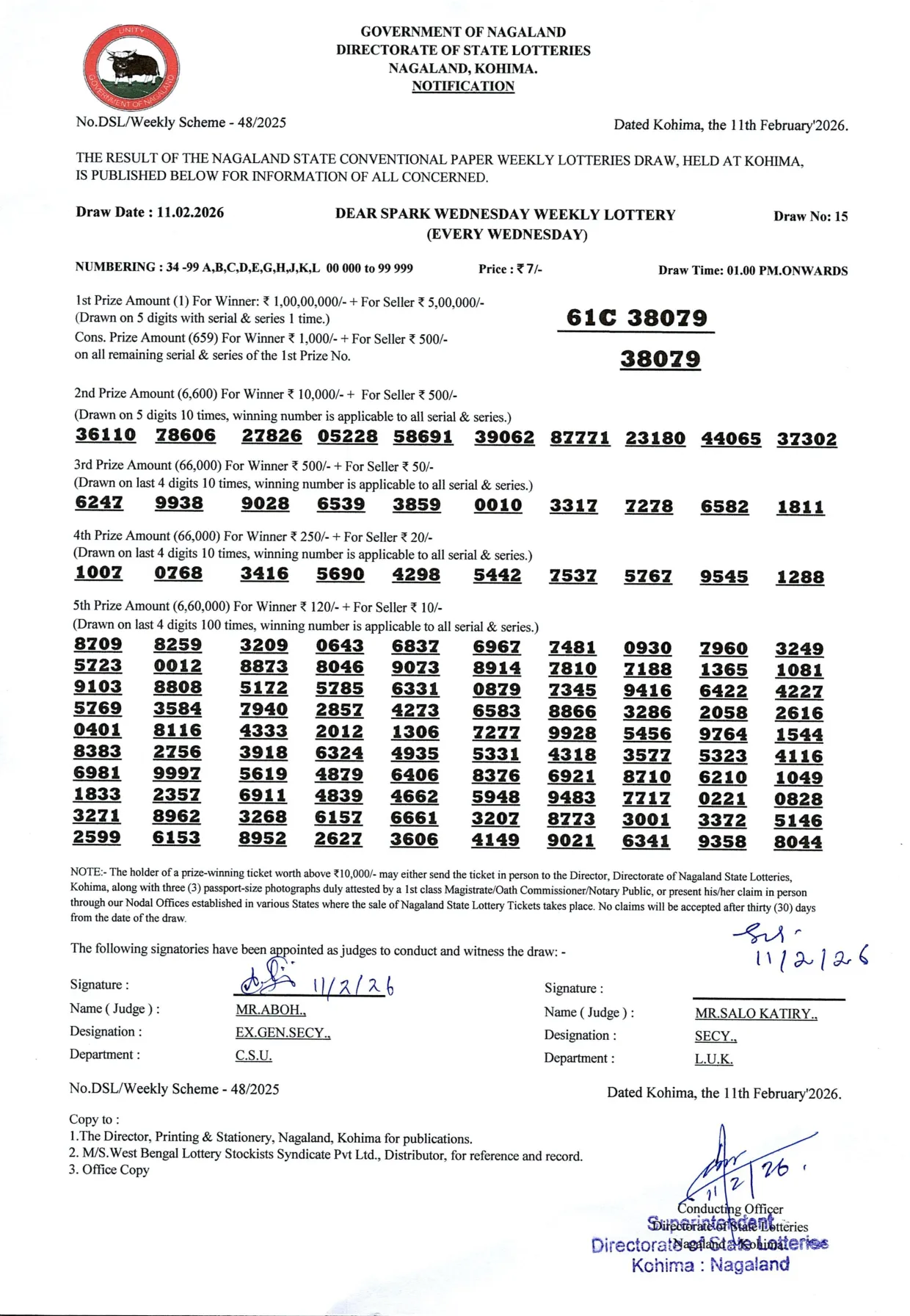 Dear Lottery result 1PM 11.02.2026