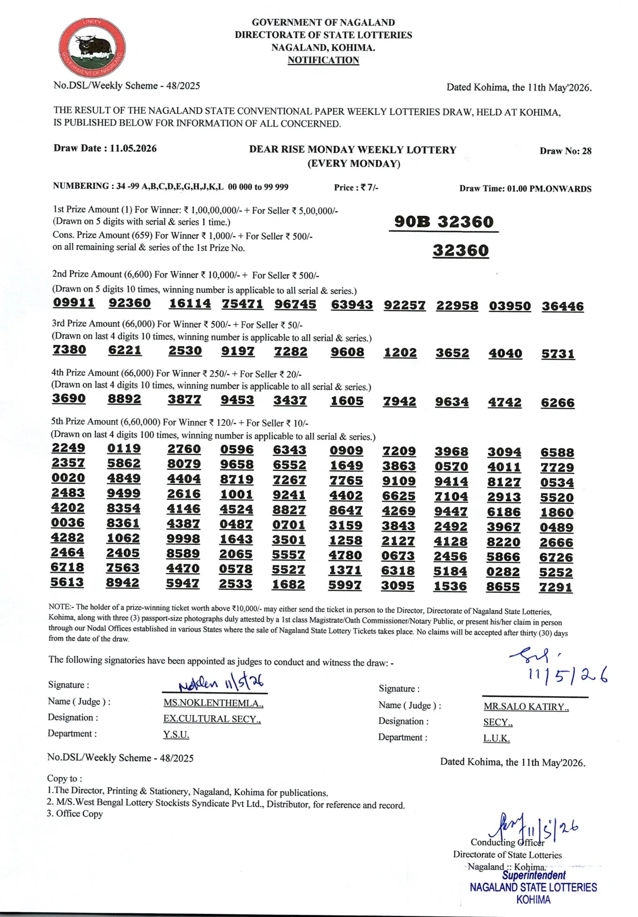 Dear Lottery result 1PM 11.05.2026