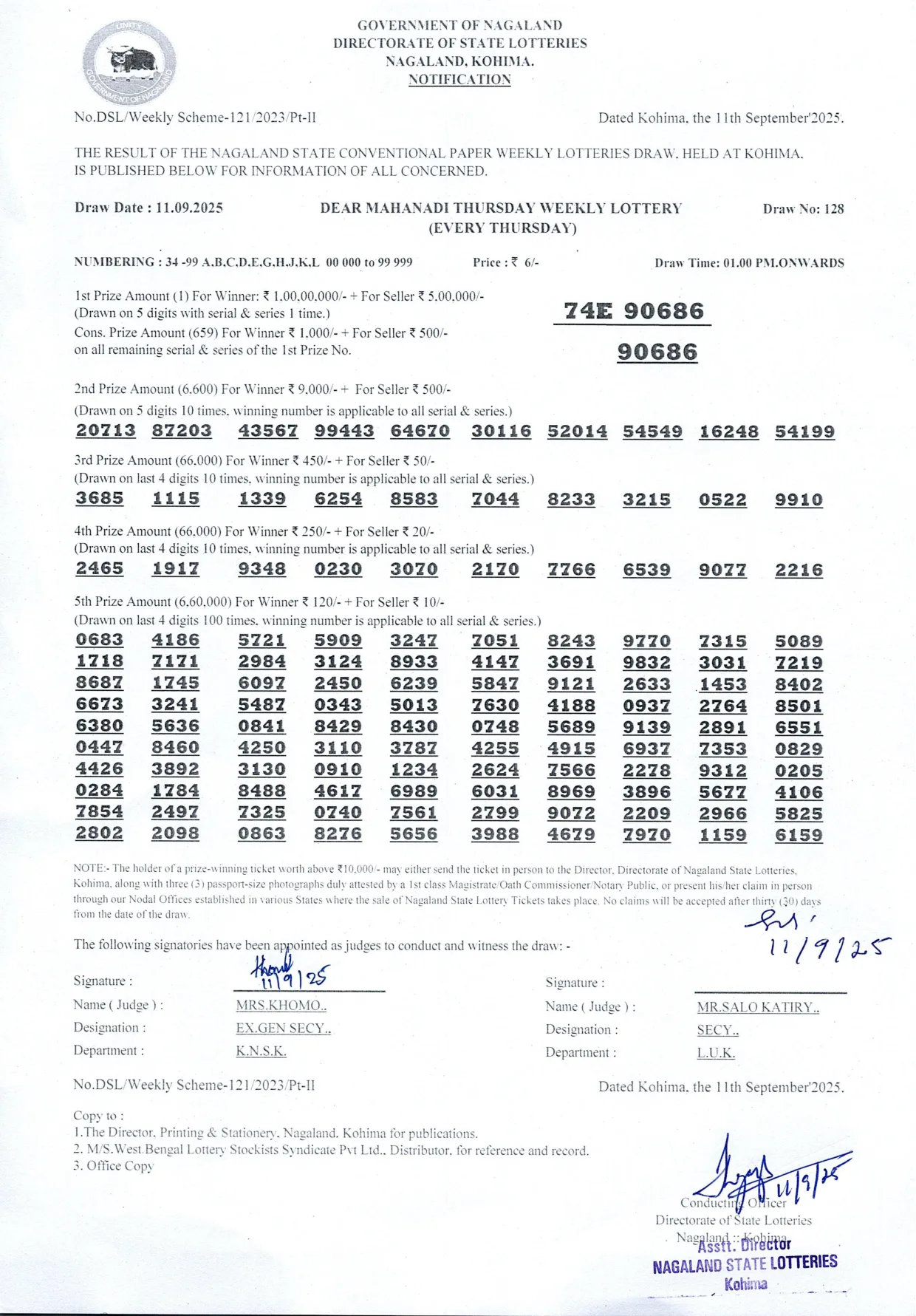 Dear Lottery result 1PM 11.09.2025