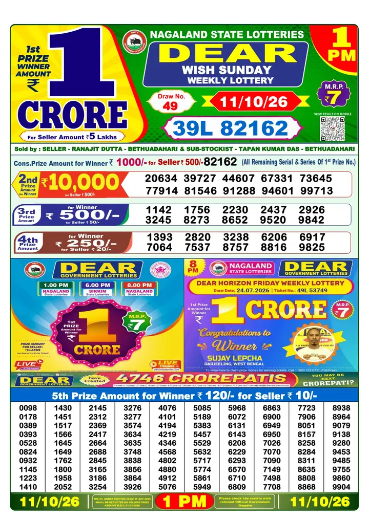 Dear Lottery result 1PM 11.10.2026