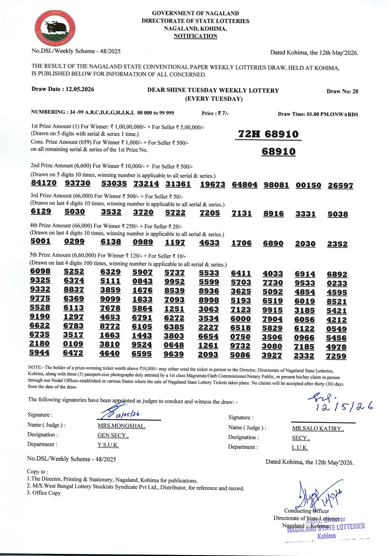 Dear Lottery result 1PM 12.05.2026