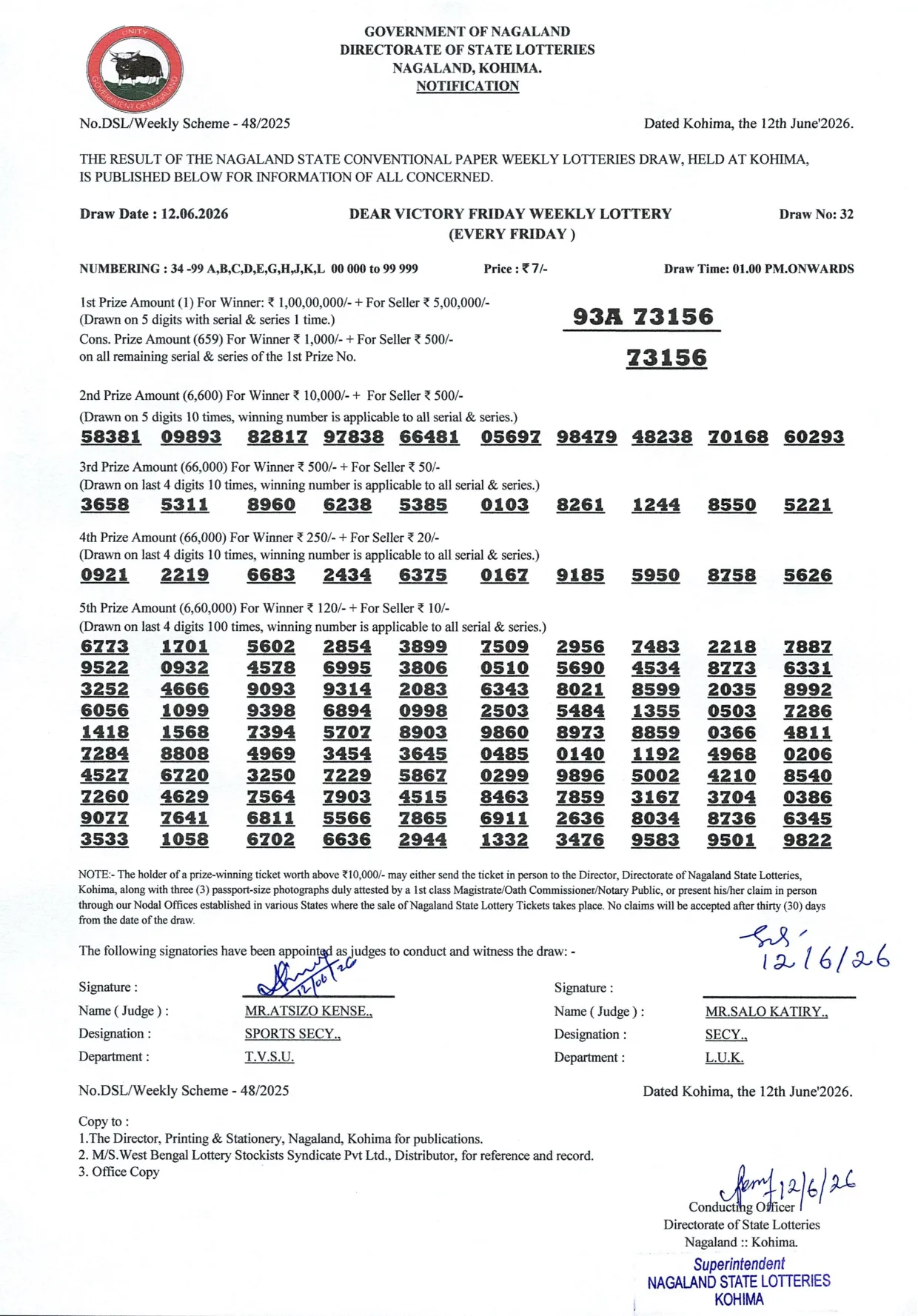 Dear Lottery result 1PM 12.06.2026