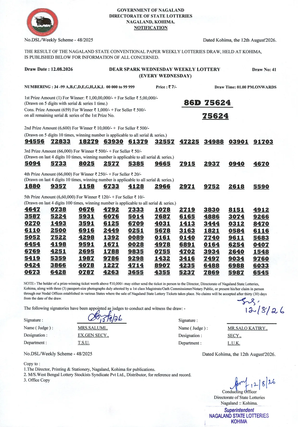 Dear Lottery result 1PM 12.08.2026
