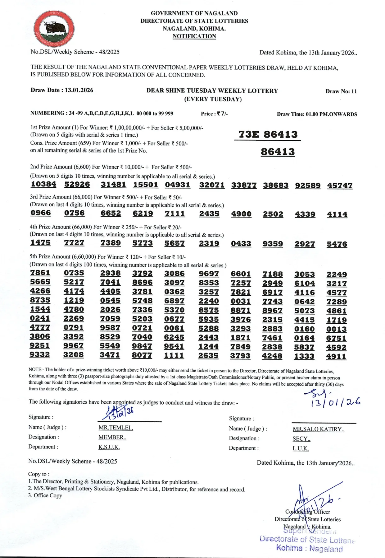Dear Lottery result 1PM 13.01.2026