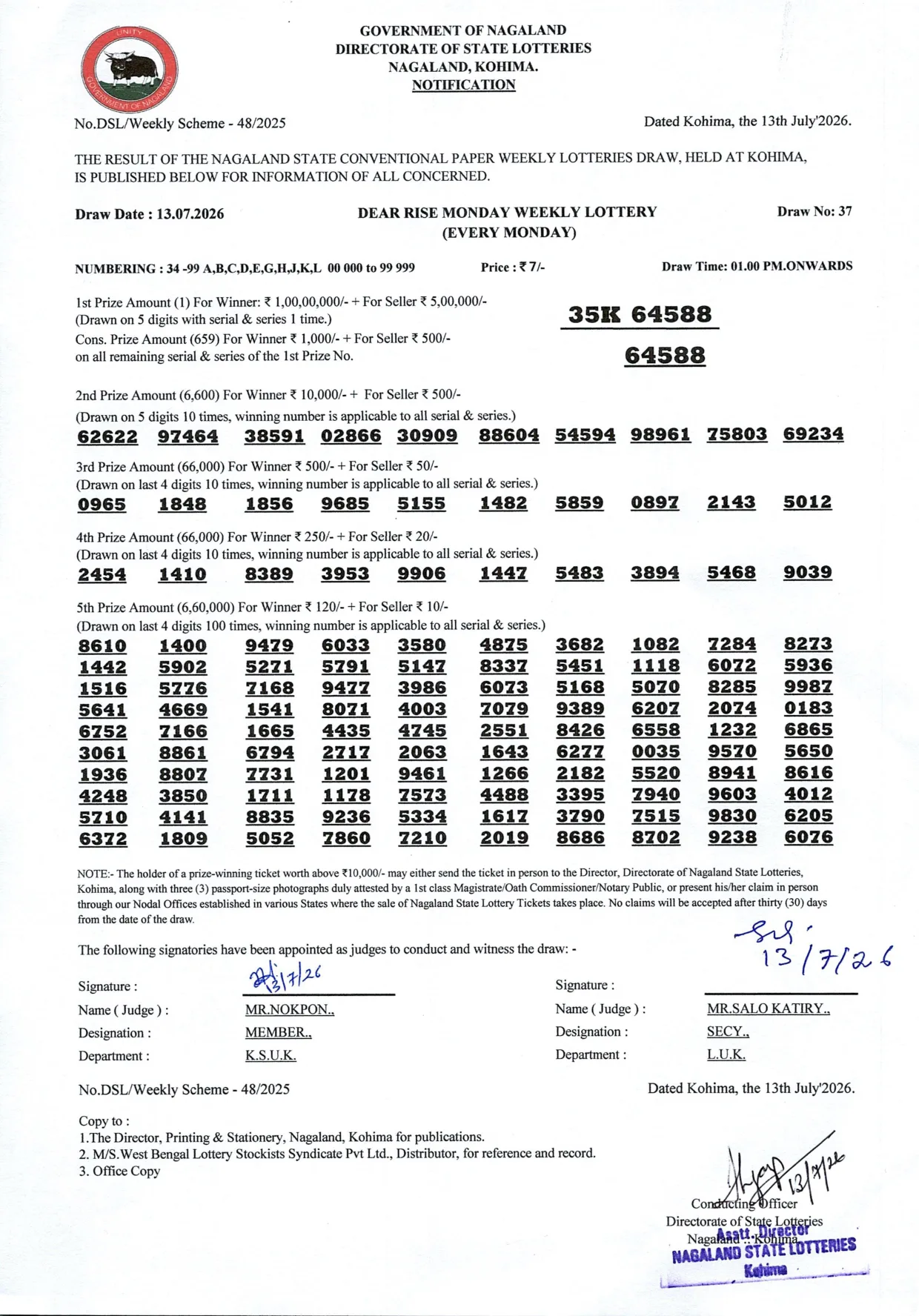 Dear Lottery result 1PM 13.07.2026