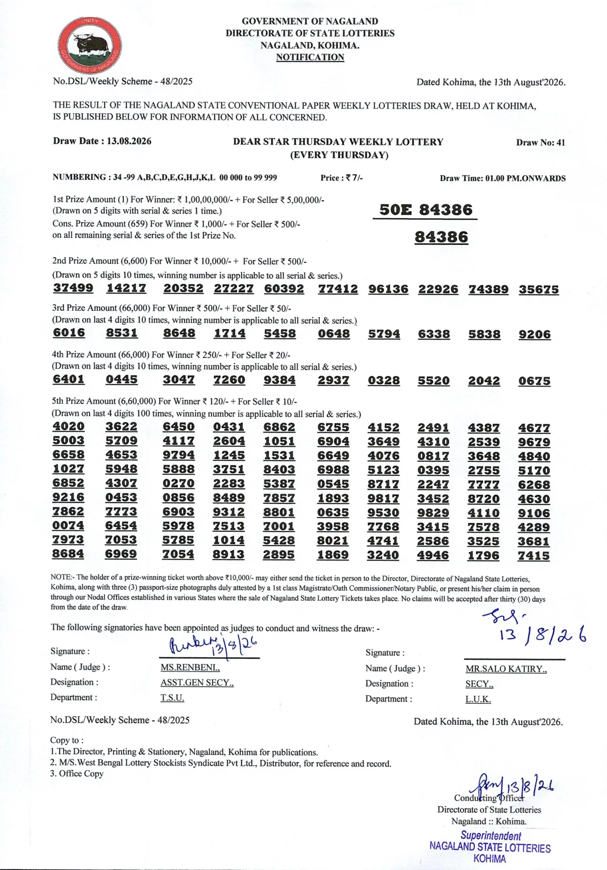 Dear Lottery result 1PM 13.08.2026