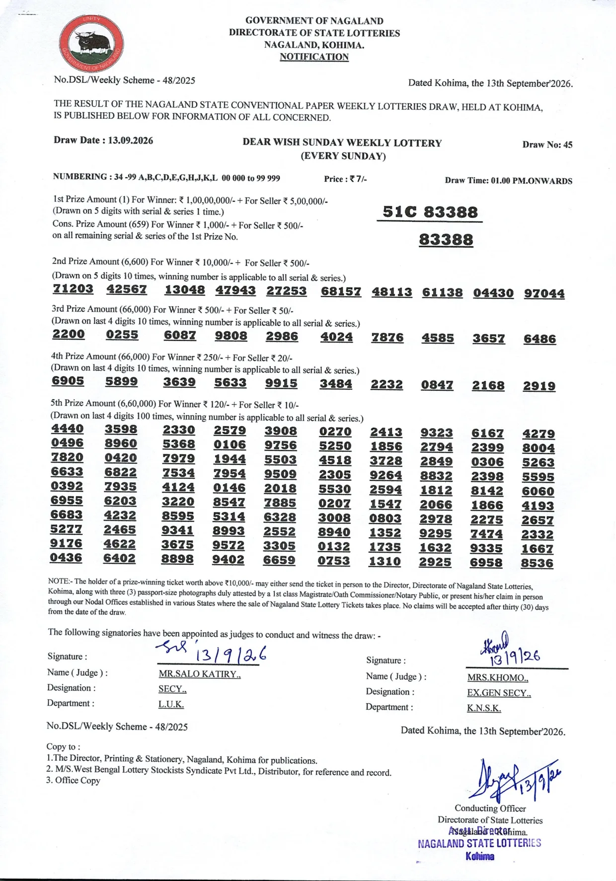 Dear Lottery result 1PM 13.09.2026
