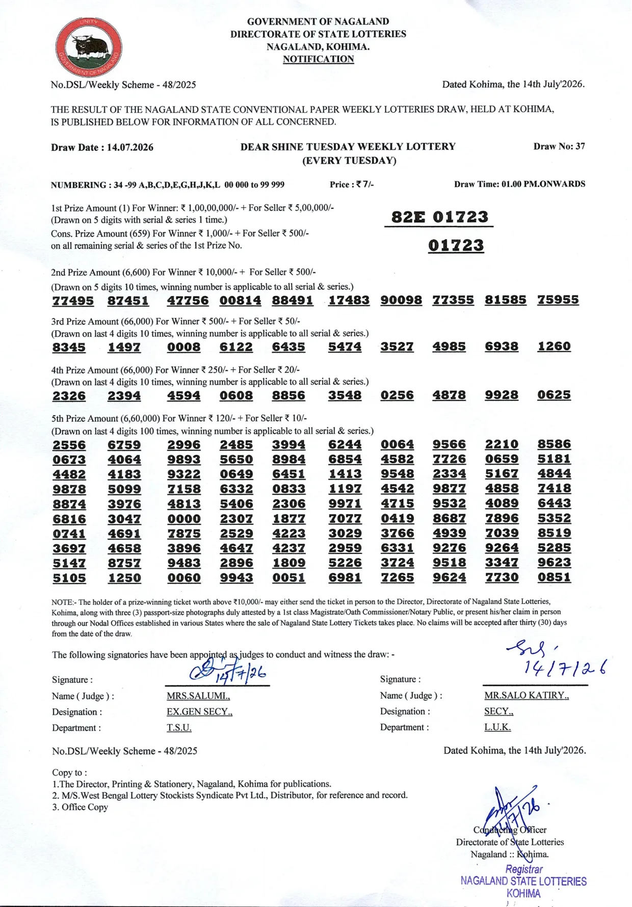 Dear Lottery result 1PM 14.07.2026