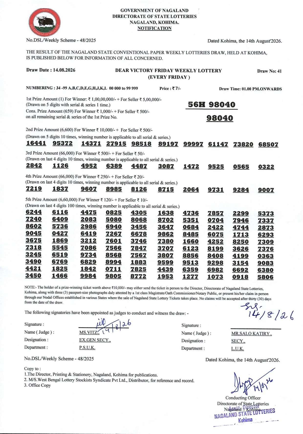 Dear Lottery result 1PM 14.08.2026