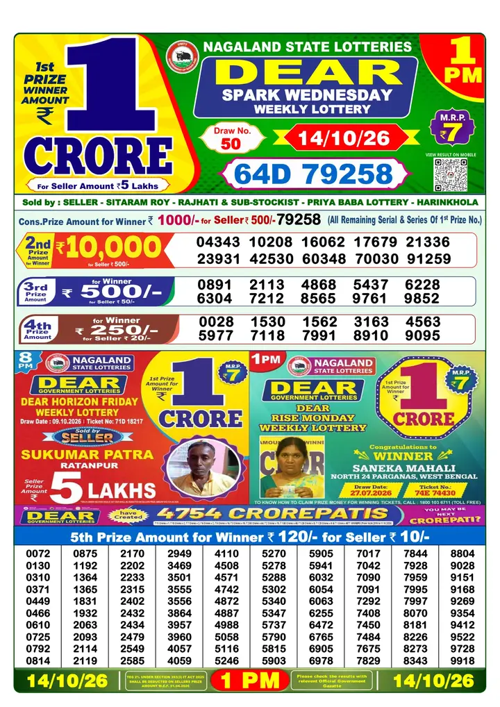 Dear Lottery result 1PM 14.10.2026