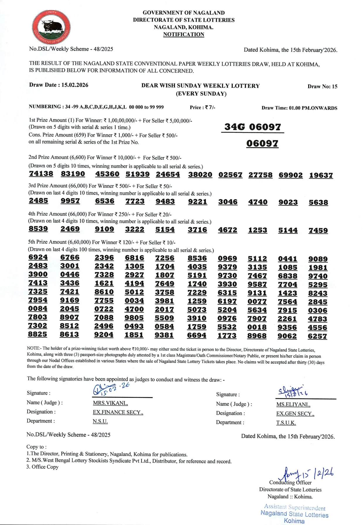 Dear Lottery result 1PM 15.02.2026
