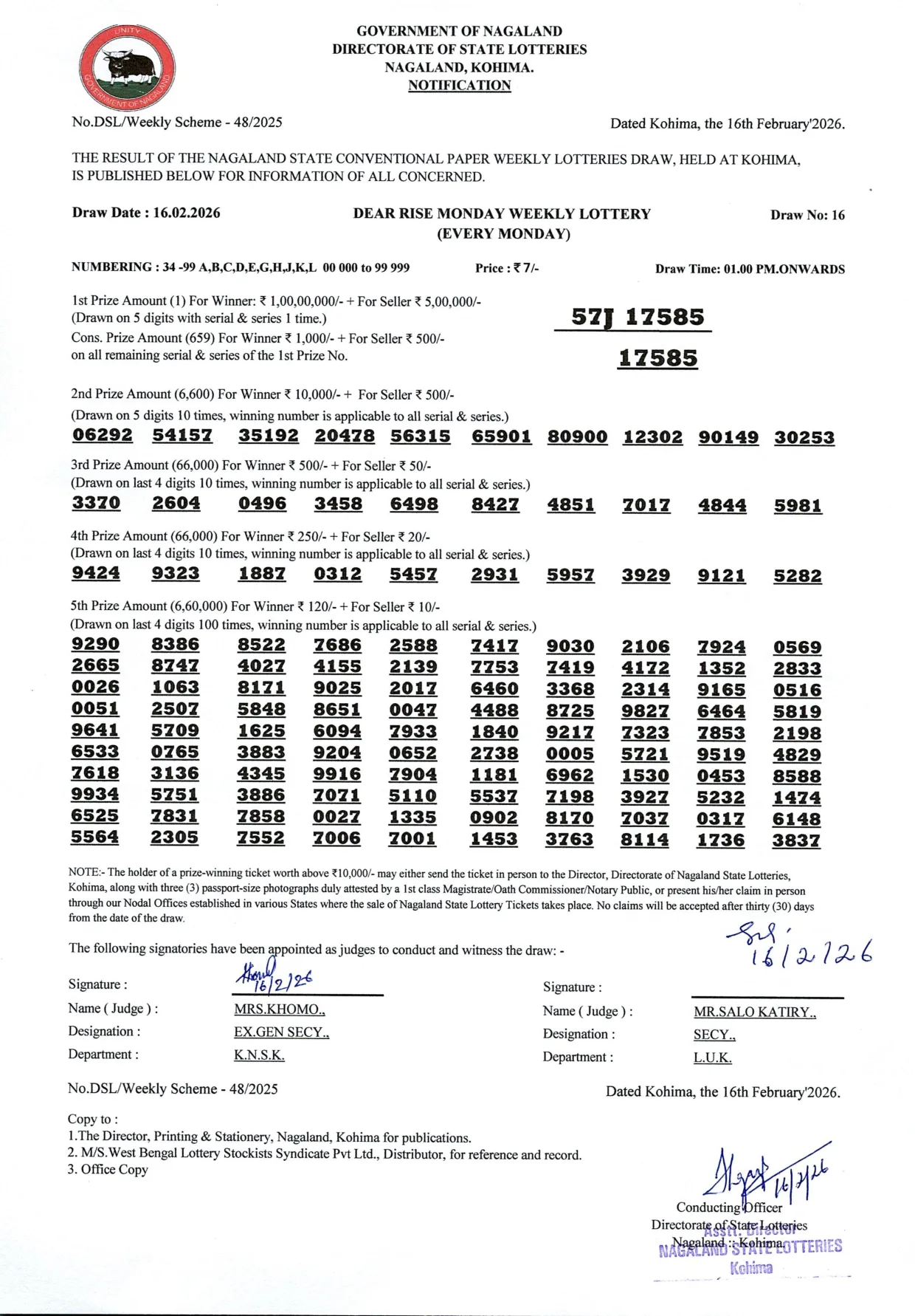 Dear Lottery result 1PM 16.02.2026