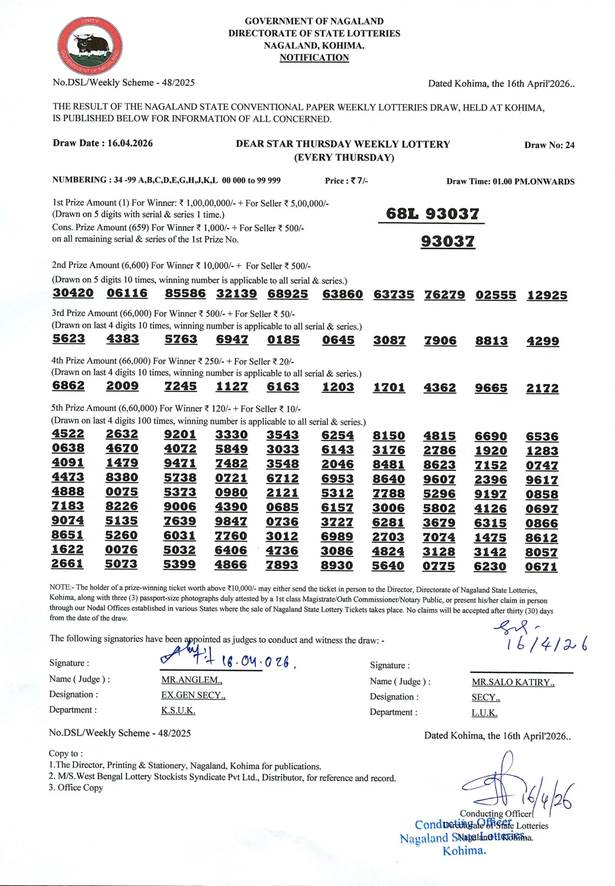 Dear Lottery result 1PM 16.04.2026