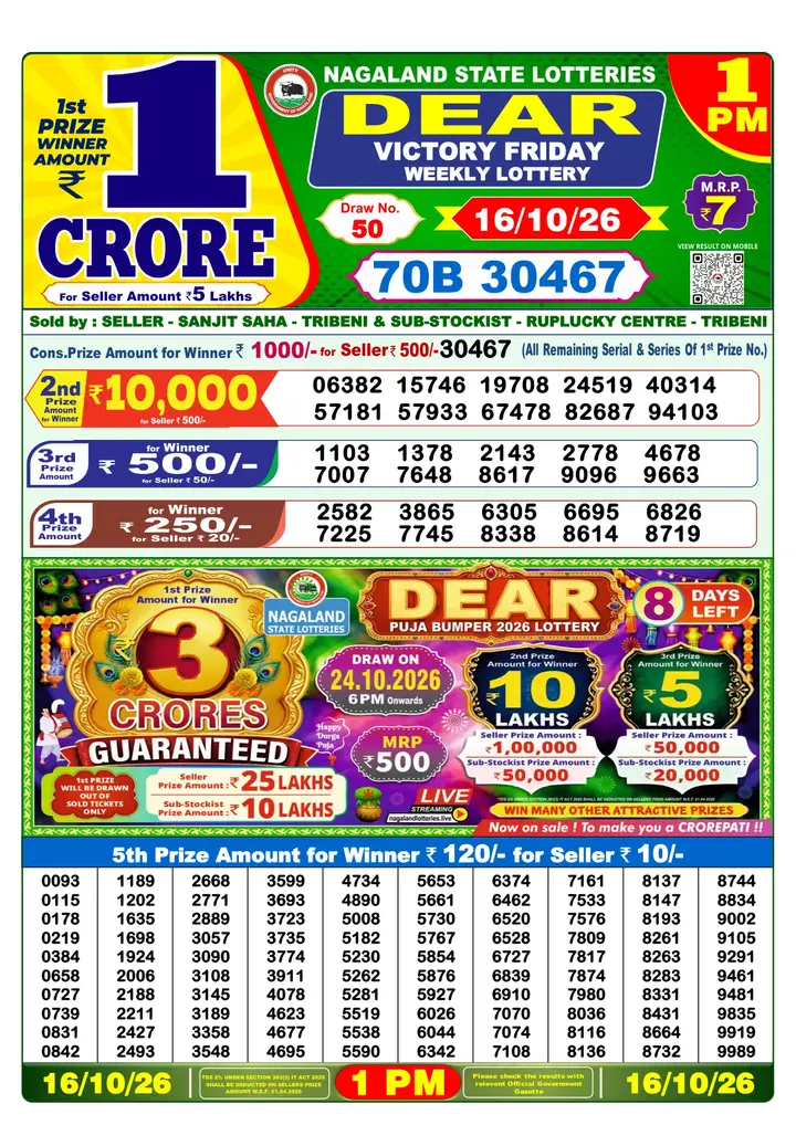 Dear Lottery result 1PM 16.10.2026