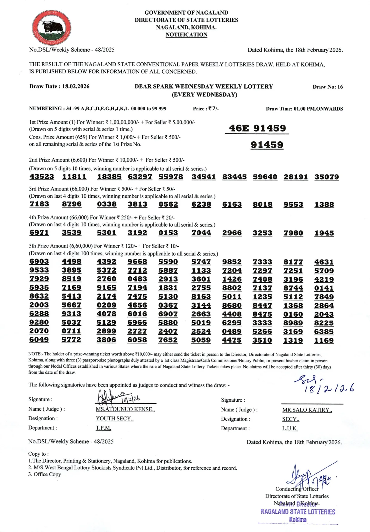 Dear Lottery result 1PM 18.02.2026