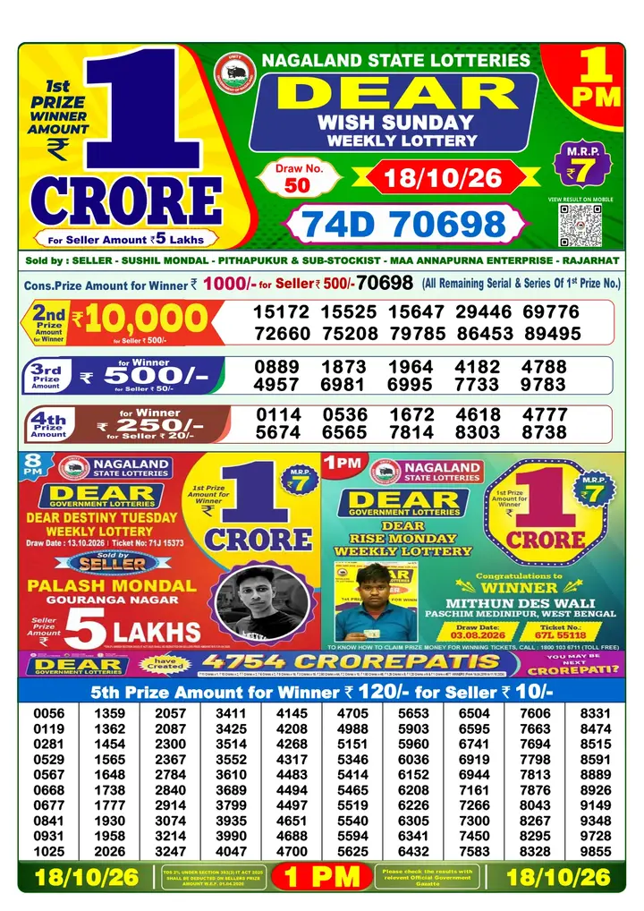 Dear Lottery result 1PM 18.10.2026