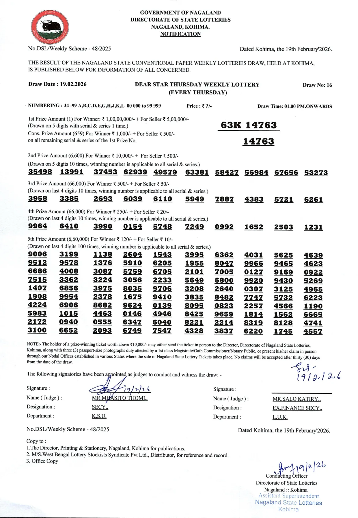 Dear Lottery result 1PM 19.02.2026