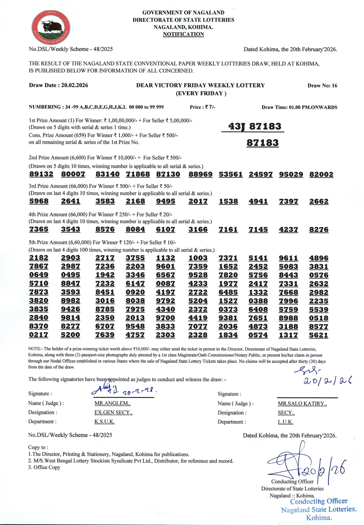 Dear Lottery result 1PM 20.02.2026